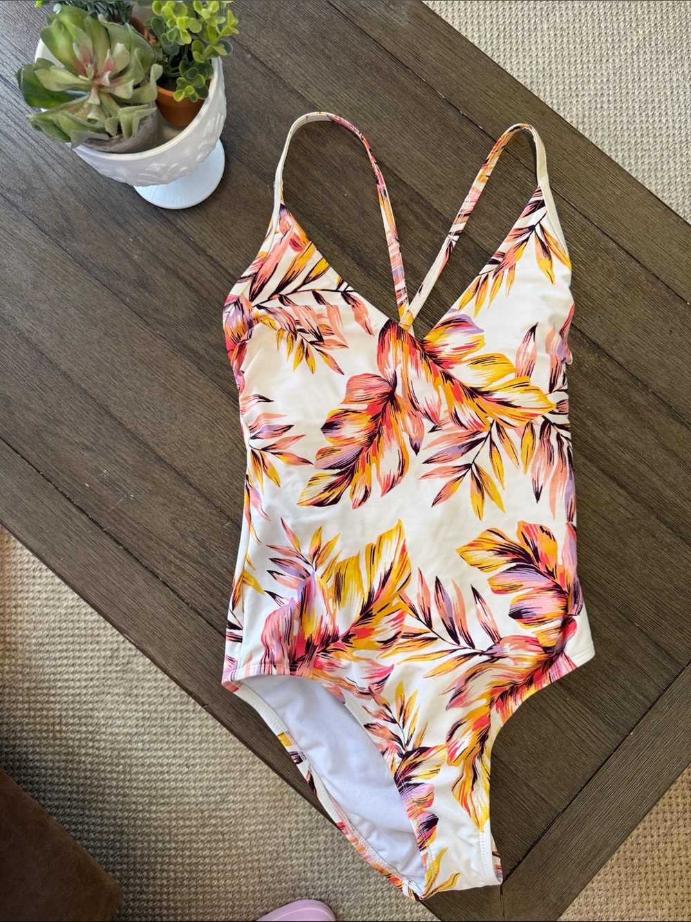 White Tropical Leaf One-Piece Swimsuit with Pink and Yellow Accents